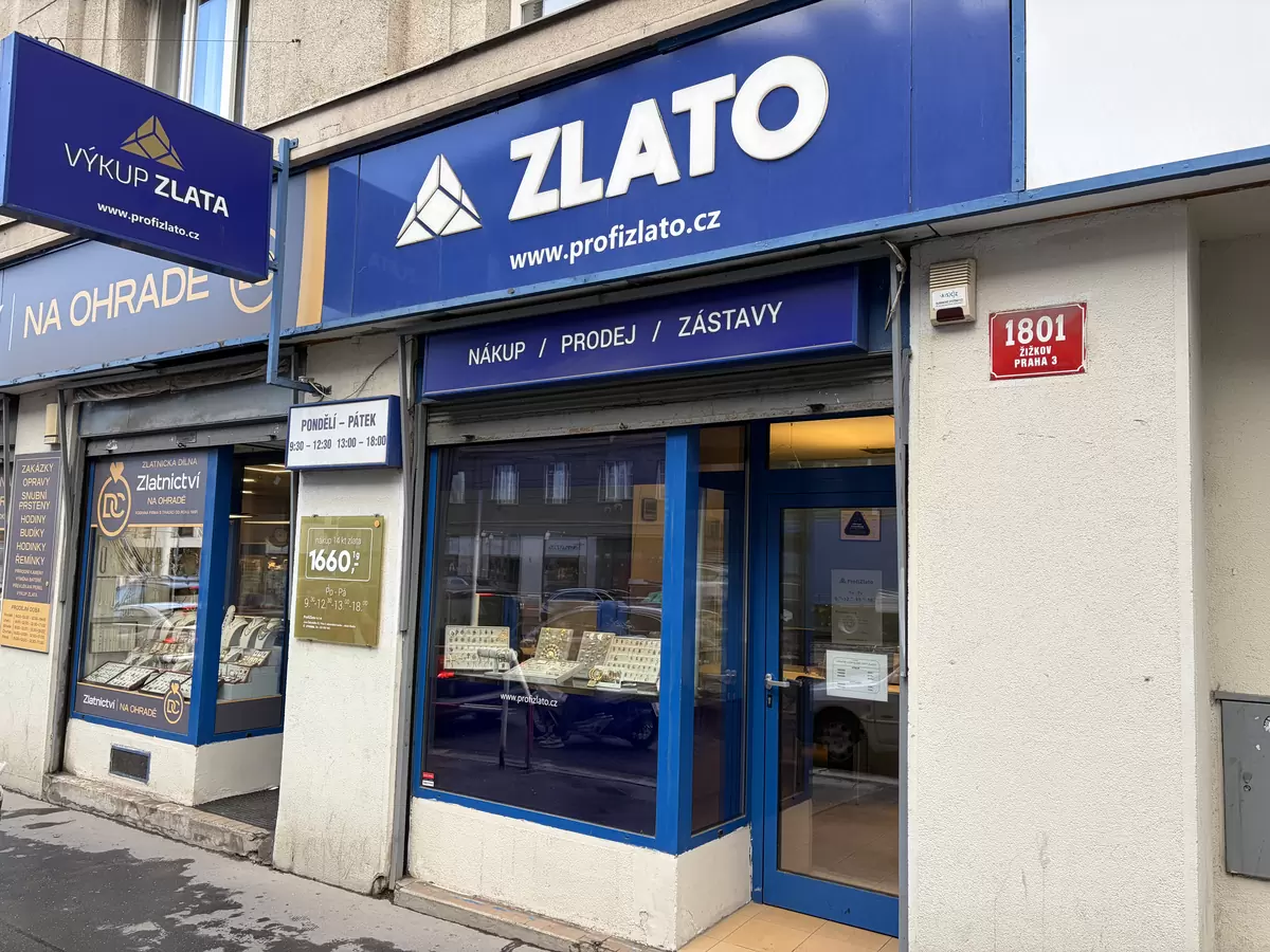 Výloha a vchod prodejny ProfiZlato v ulici Jana Želivského na Žižkově